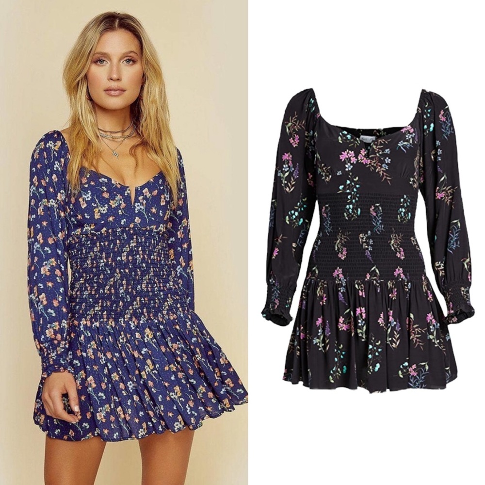 Blue Life Sasha Floral Long Sleeve Mini Dress Smocked Midnight Botanical Garden